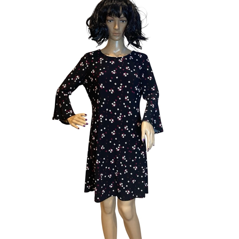 Tommy Hilfiger Floral 3/4 Sleeves Bell A-Line Shift Dress Black Size 6 EUC
